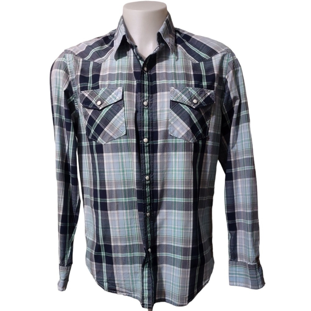 American Eagle Western Shirt Mens Large Plaid Pearl Snap Vintage Core Indie Blue